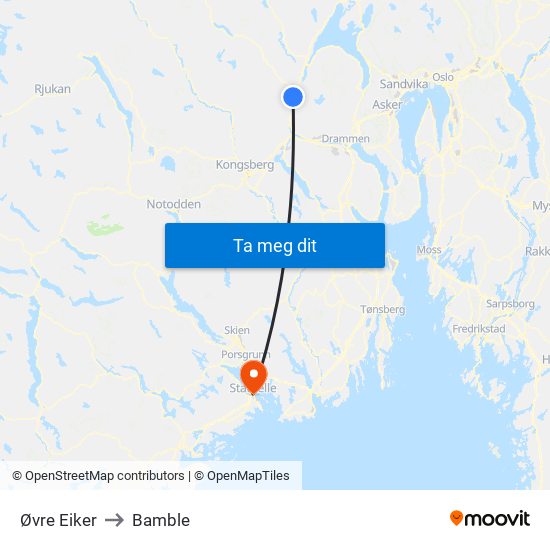 Øvre Eiker to Bamble map