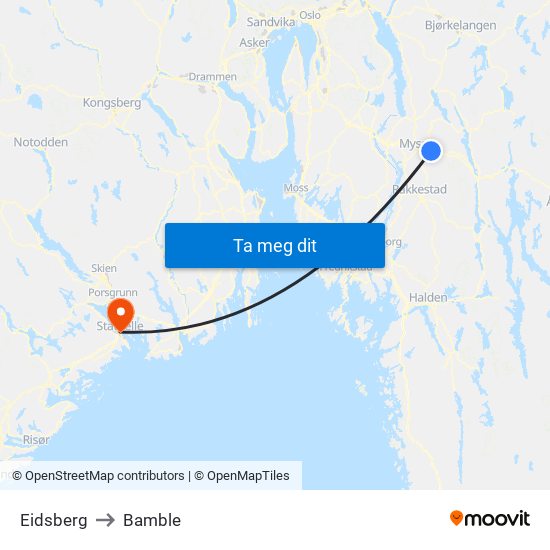 Eidsberg to Bamble map