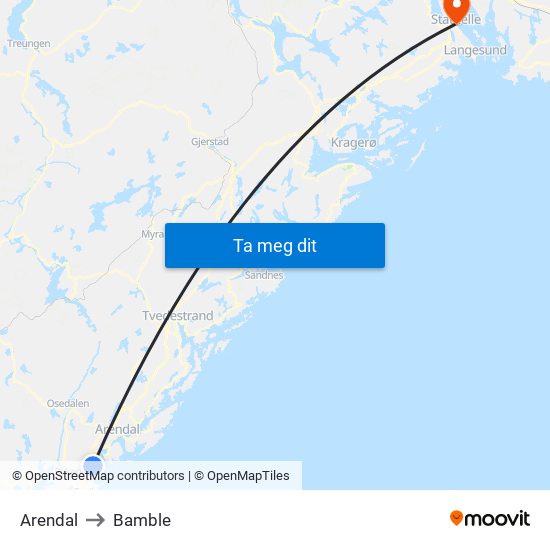 Arendal to Bamble map