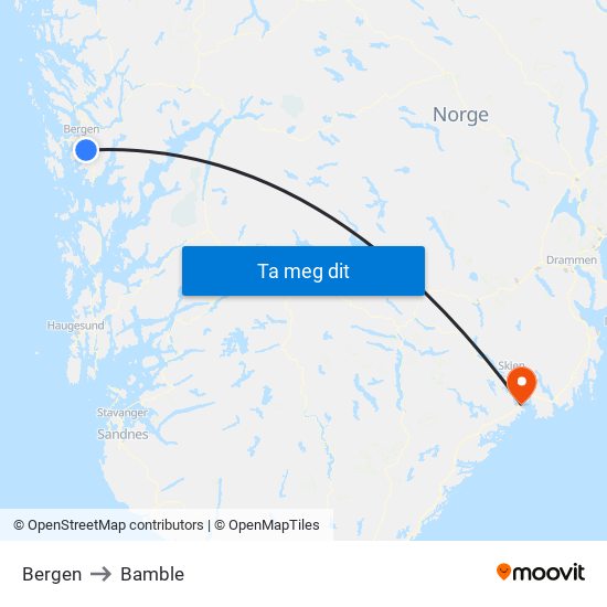Bergen to Bamble map