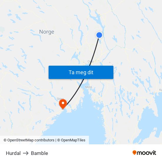 Hurdal to Bamble map