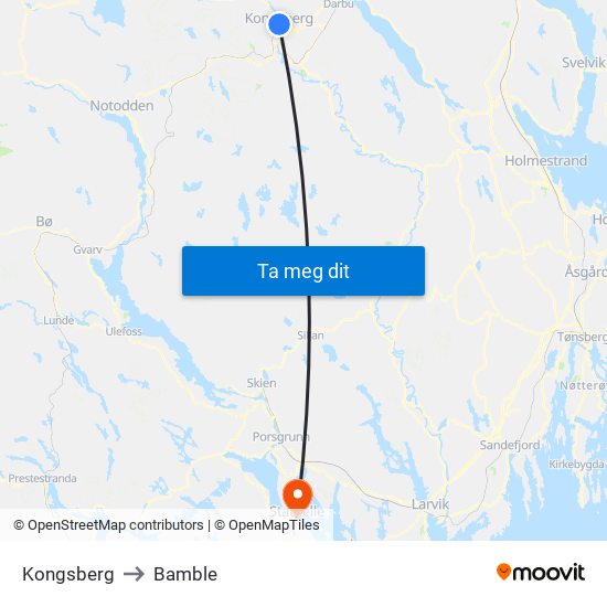 Kongsberg to Bamble map