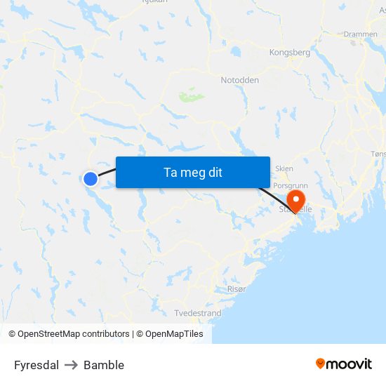 Fyresdal to Bamble map