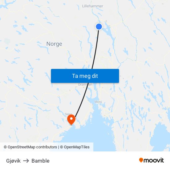 Gjøvik to Bamble map
