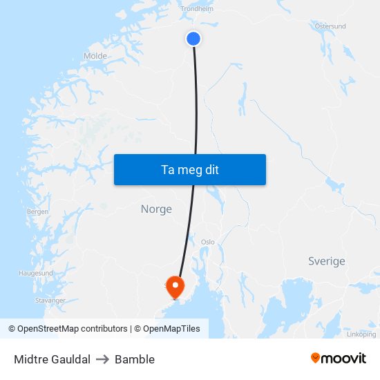 Midtre Gauldal to Bamble map