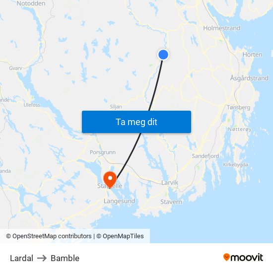 Lardal to Bamble map
