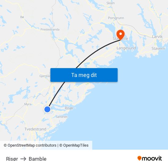 Risør to Bamble map