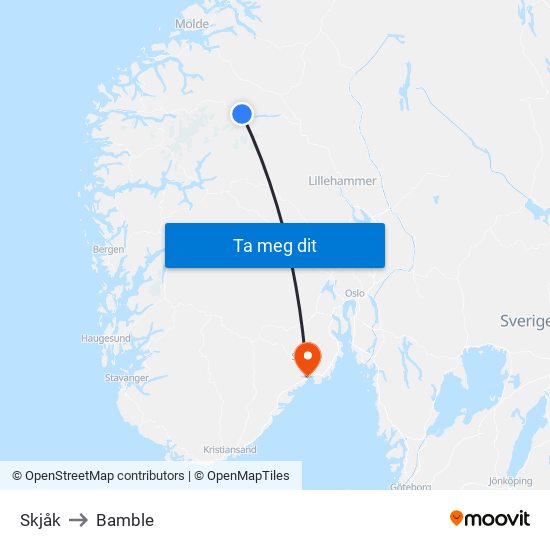 Skjåk to Bamble map