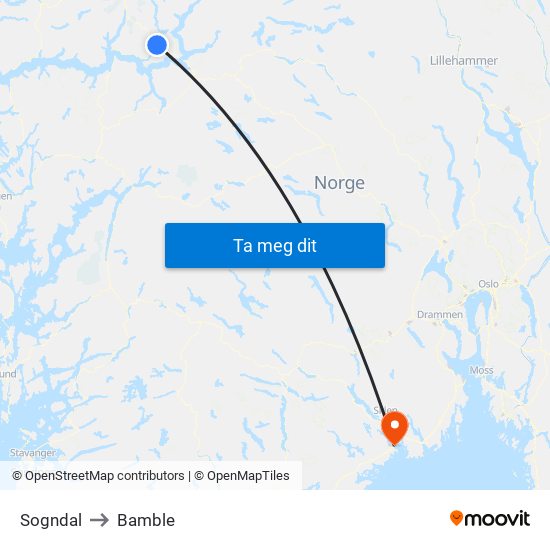 Sogndal to Bamble map