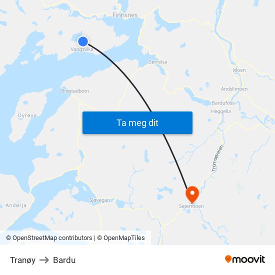 Tranøy to Bardu map