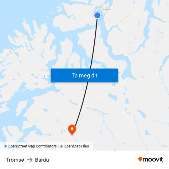 Tromsø to Bardu map