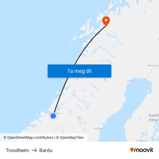 Trondheim to Bardu map