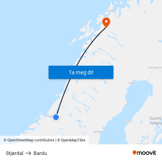 Stjørdal to Bardu map