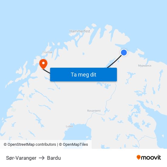 Sør-Varanger to Bardu map