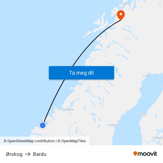 Ørskog to Bardu map
