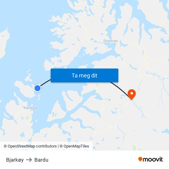 Bjarkøy to Bardu map