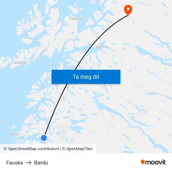 Fauske to Bardu map
