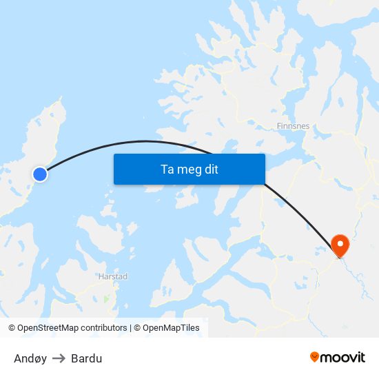 Andøy to Bardu map