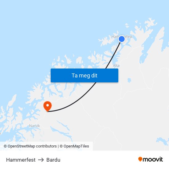 Hammerfest to Bardu map