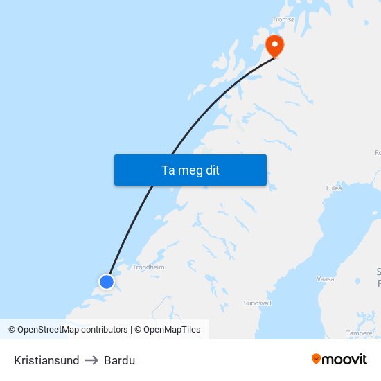 Kristiansund to Bardu map
