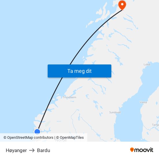 Høyanger to Bardu map
