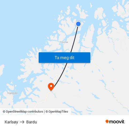 Karlsøy to Bardu map