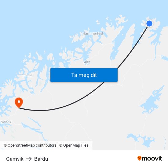 Gamvik to Bardu map