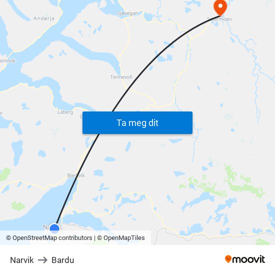 Narvik to Bardu map