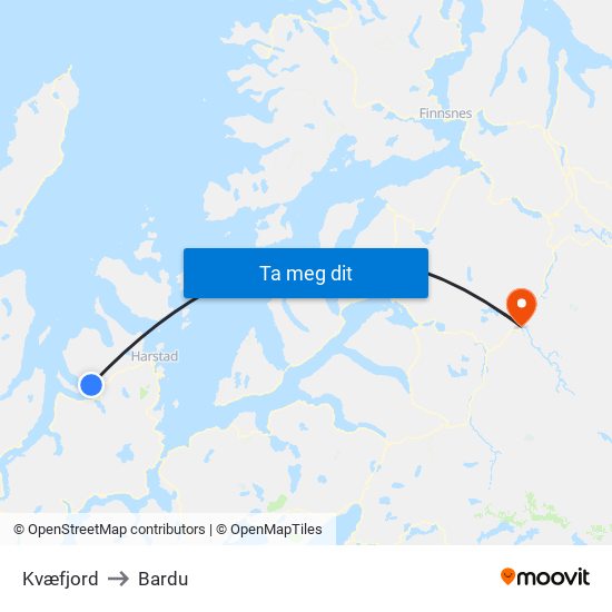 Kvæfjord to Bardu map