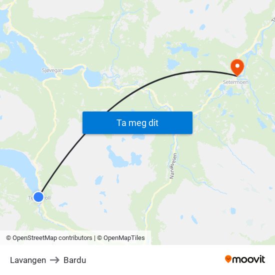 Lavangen to Bardu map