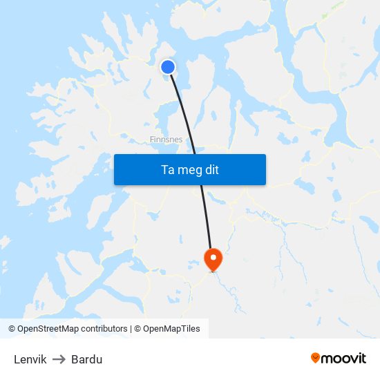 Lenvik to Bardu map