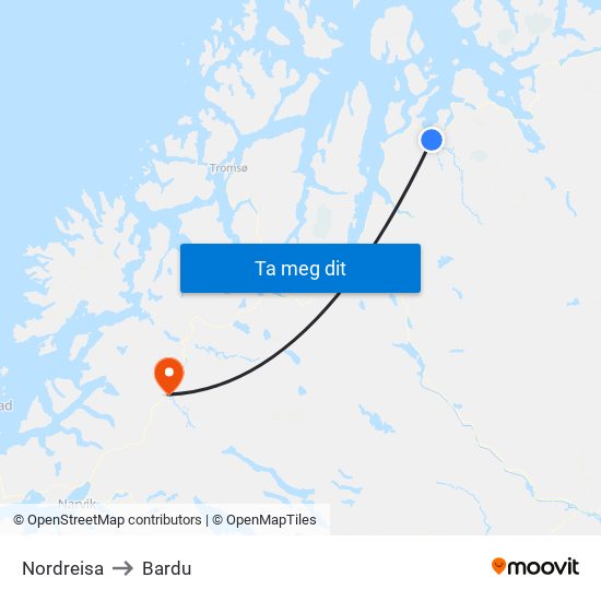 Nordreisa to Bardu map