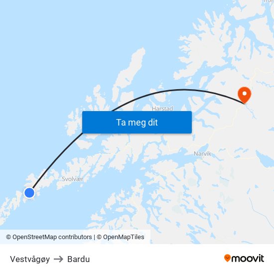 Vestvågøy to Bardu map