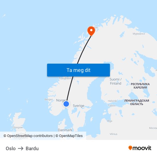 Oslo to Bardu map