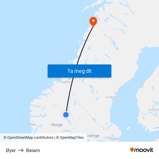 Øyer to Beiarn map