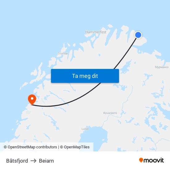 Båtsfjord to Beiarn map
