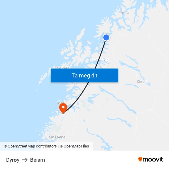 Dyrøy to Beiarn map