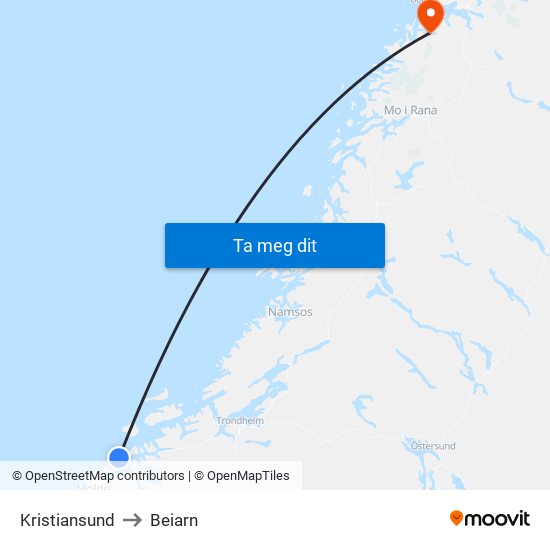 Kristiansund to Beiarn map