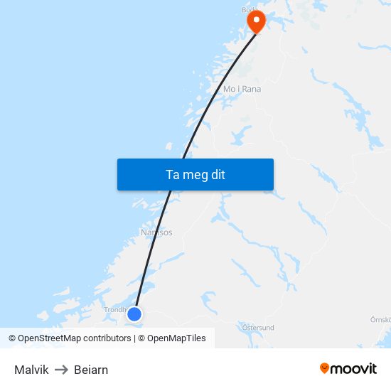 Malvik to Beiarn map