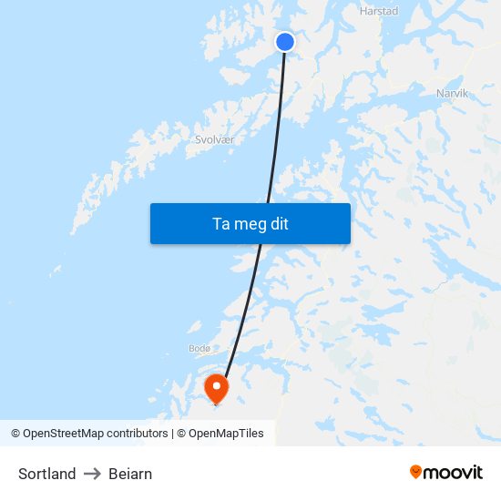 Sortland to Beiarn map