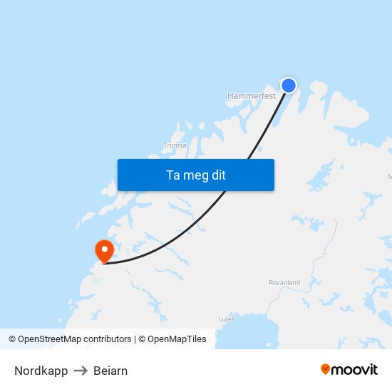 Nordkapp to Beiarn map