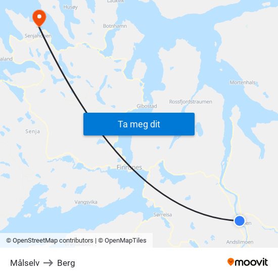 Målselv to Berg map