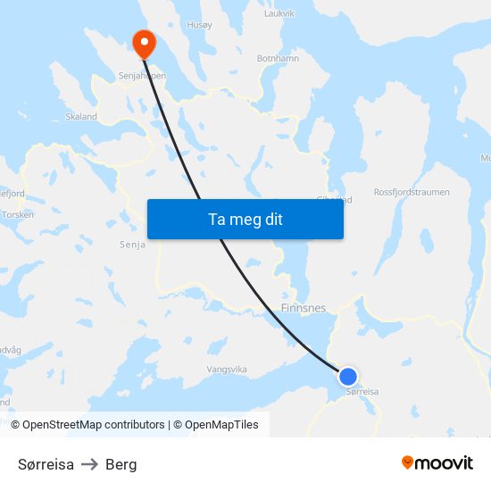 Sørreisa to Berg map