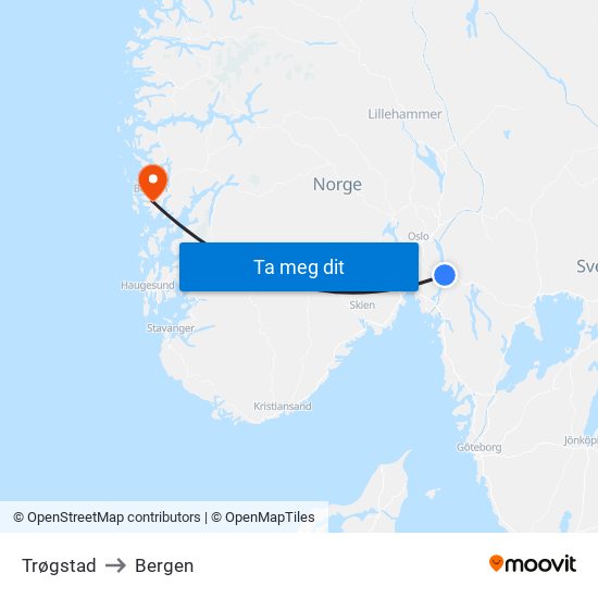 Trøgstad to Bergen map