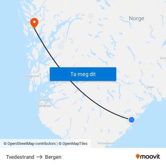 Tvedestrand to Bergen map