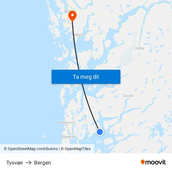 Tysvær to Bergen map