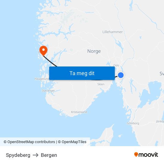 Spydeberg to Bergen map