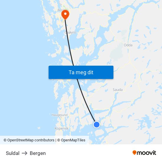 Suldal to Bergen map