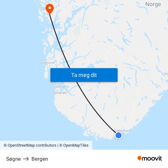 Søgne to Bergen map