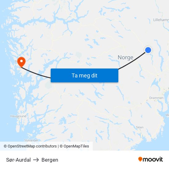 Sør-Aurdal to Bergen map